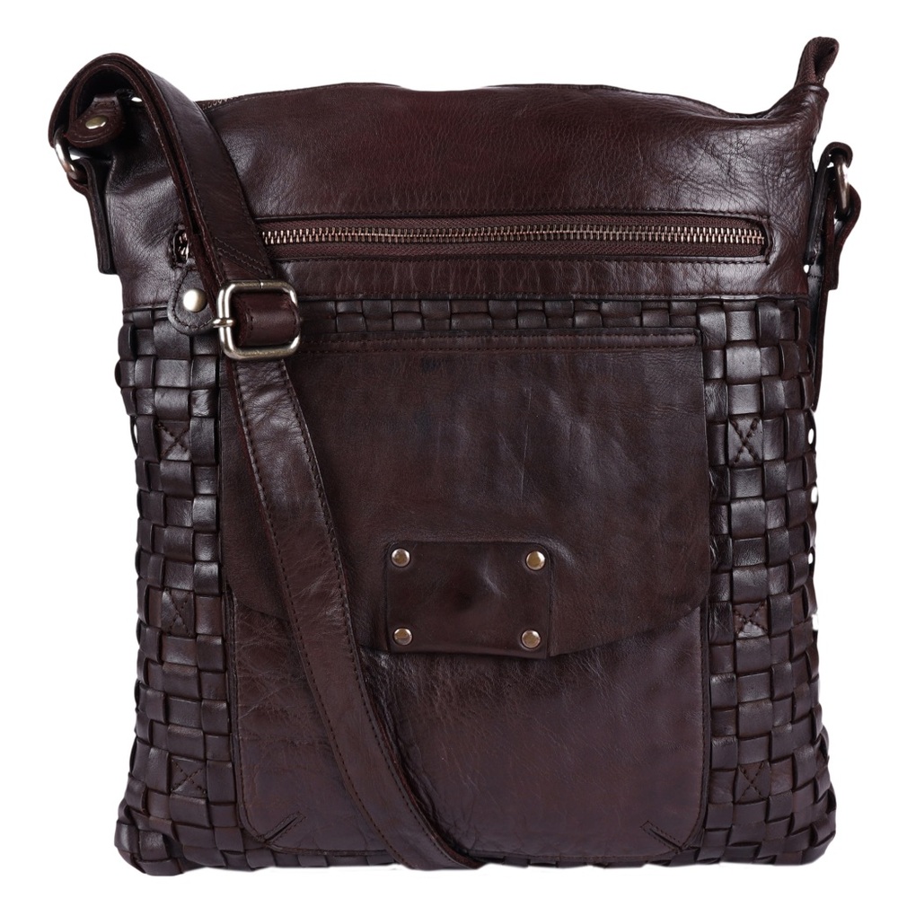 Vintage Woven Brown Leather Handbag - British - Crossbody - Shoulder - Brown